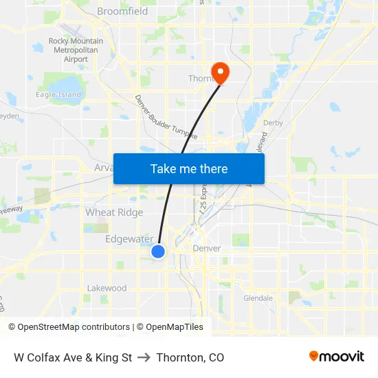 W Colfax Ave & King St to Thornton, CO map