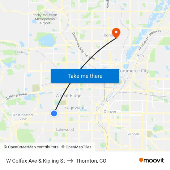 W Colfax Ave & Kipling St to Thornton, CO map