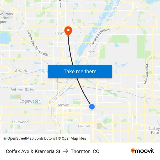 Colfax Ave & Krameria St to Thornton, CO map