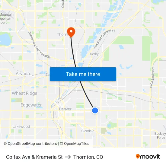 Colfax Ave & Krameria St to Thornton, CO map