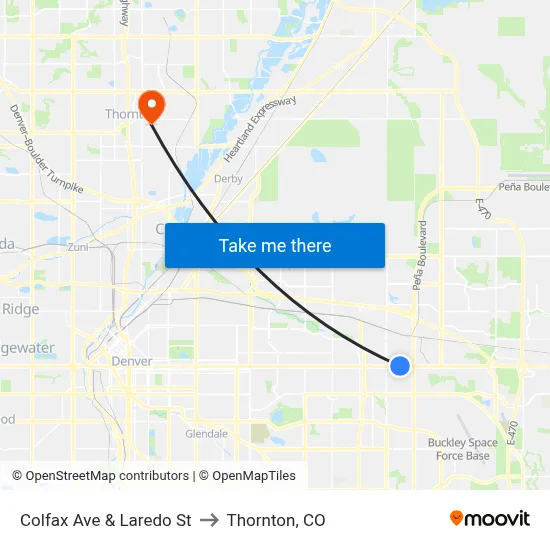 Colfax Ave & Laredo St to Thornton, CO map