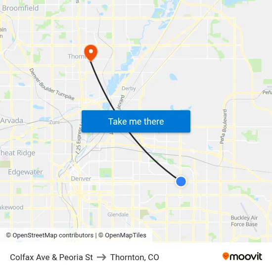 Colfax Ave & Peoria St to Thornton, CO map