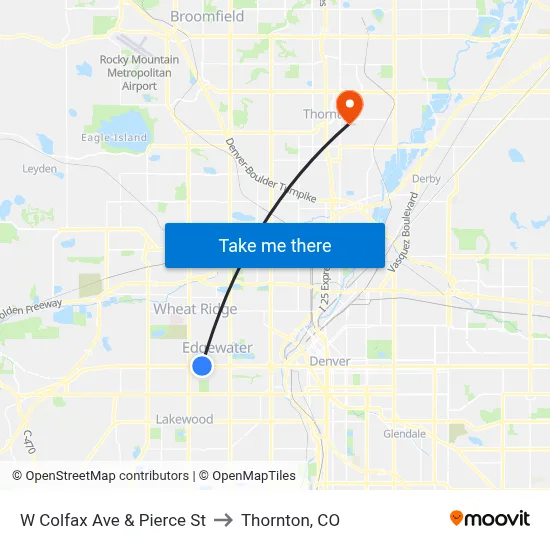 W Colfax Ave & Pierce St to Thornton, CO map