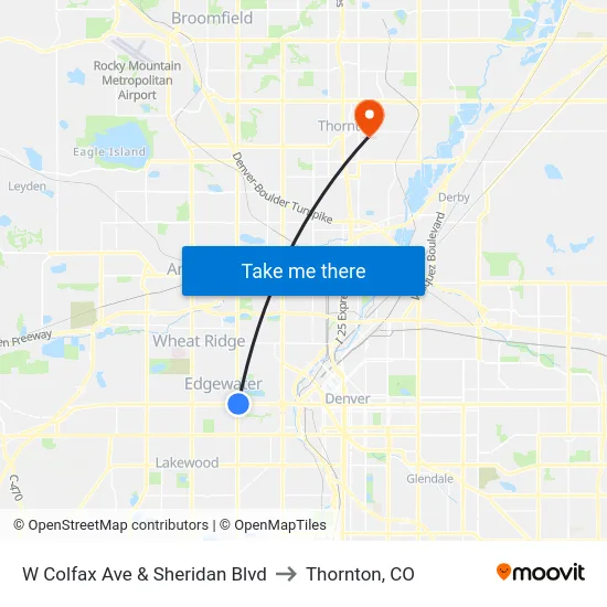 W Colfax Ave & Sheridan Blvd to Thornton, CO map