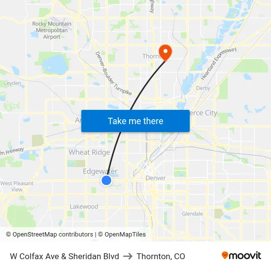 W Colfax Ave & Sheridan Blvd to Thornton, CO map
