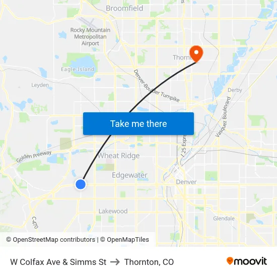 W Colfax Ave & Simms St to Thornton, CO map