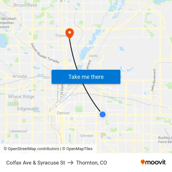 Colfax Ave & Syracuse St to Thornton, CO map