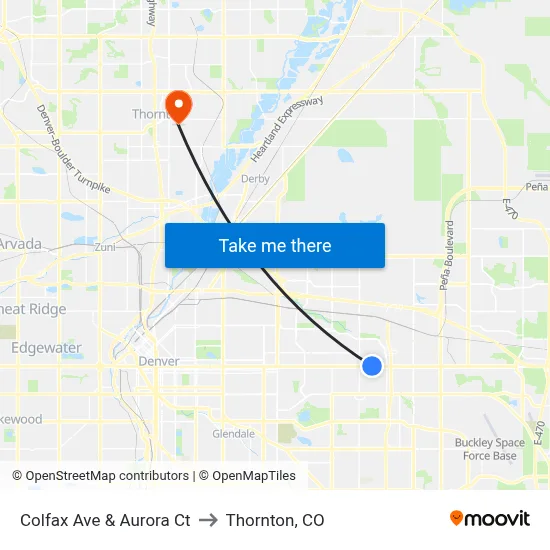 Colfax Ave & Aurora Ct to Thornton, CO map