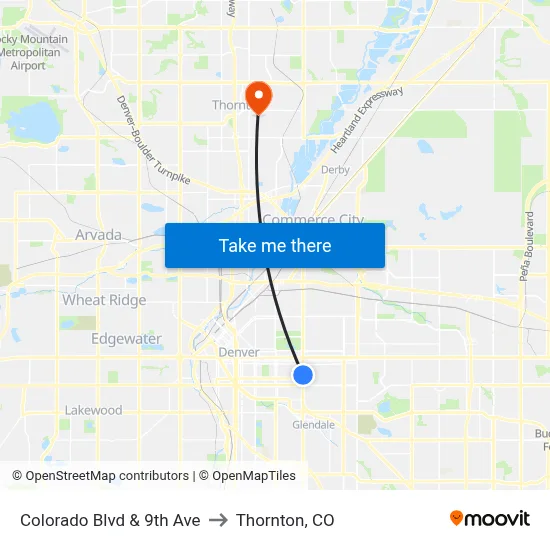 Colorado Blvd & 9th Ave to Thornton, CO map