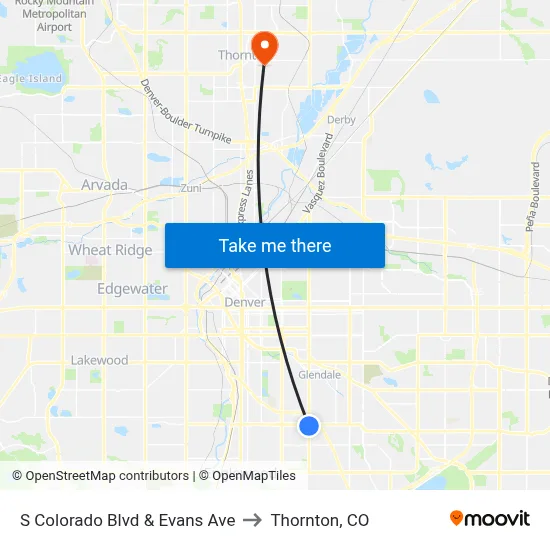 S Colorado Blvd & Evans Ave to Thornton, CO map