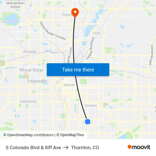 S Colorado Blvd & Iliff Ave to Thornton, CO map
