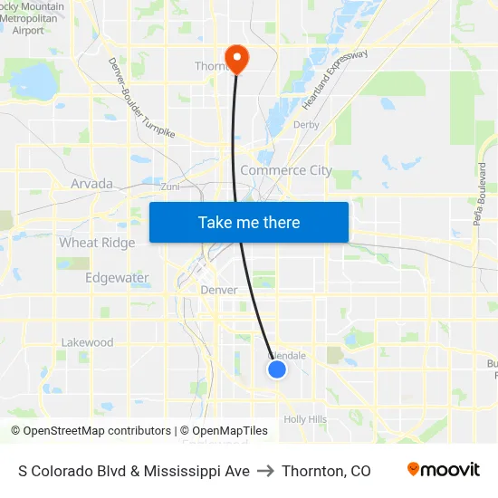 S Colorado Blvd & Mississippi Ave to Thornton, CO map