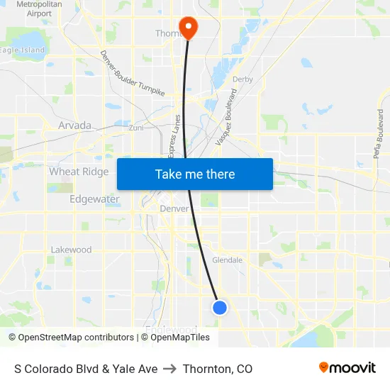 S Colorado Blvd & Yale Ave to Thornton, CO map