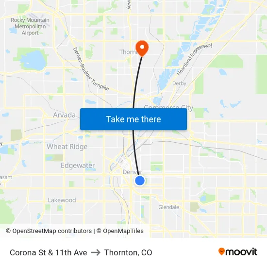 Corona St & 11th Ave to Thornton, CO map