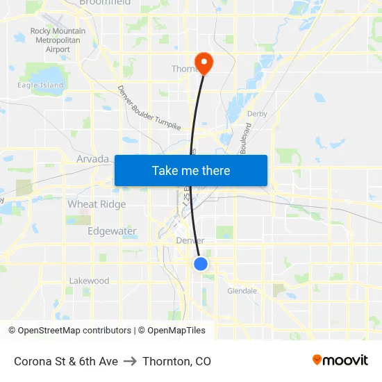 Corona St & 6th Ave to Thornton, CO map