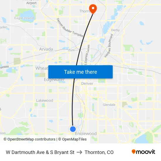 W Dartmouth Ave & S Bryant St to Thornton, CO map