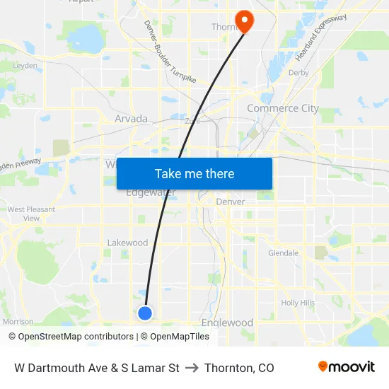 W Dartmouth Ave & S Lamar St to Thornton, CO map