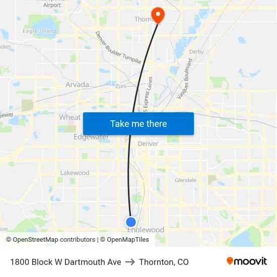 1800 Block W Dartmouth Ave to Thornton, CO map