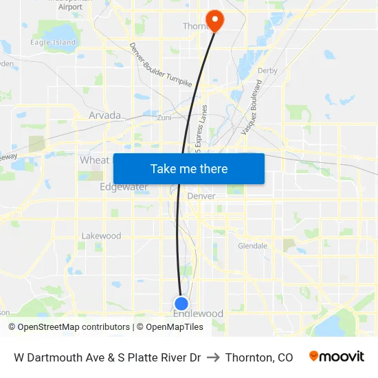 W Dartmouth Ave & S Platte River Dr to Thornton, CO map