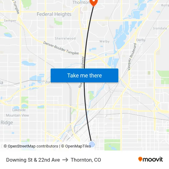 Downing St & 22nd Ave to Thornton, CO map