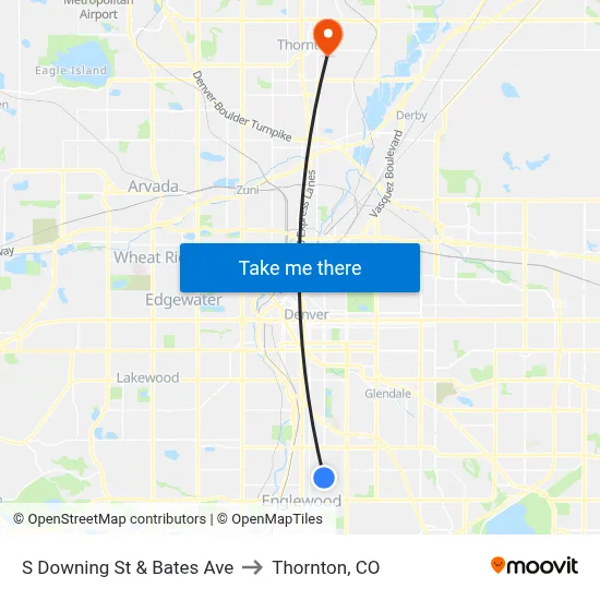S Downing St & Bates Ave to Thornton, CO map
