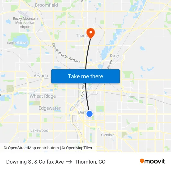 Downing St & Colfax Ave to Thornton, CO map