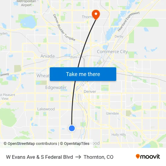 W Evans Ave & S Federal Blvd to Thornton, CO map