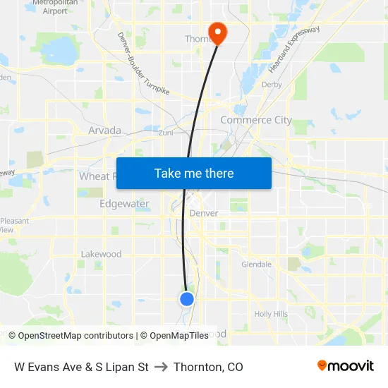 W Evans Ave & S Lipan St to Thornton, CO map