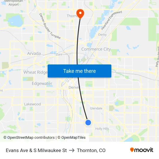 Evans Ave & S Milwaukee St to Thornton, CO map