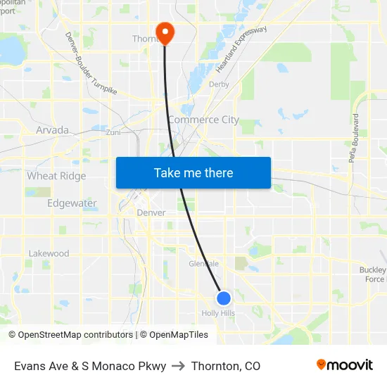 Evans Ave & S Monaco Pkwy to Thornton, CO map