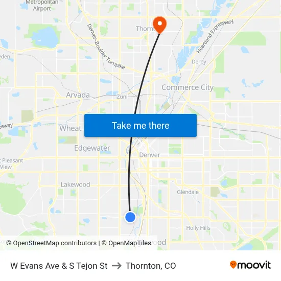 W Evans Ave & S Tejon St to Thornton, CO map