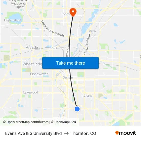 Evans Ave & S University Blvd to Thornton, CO map