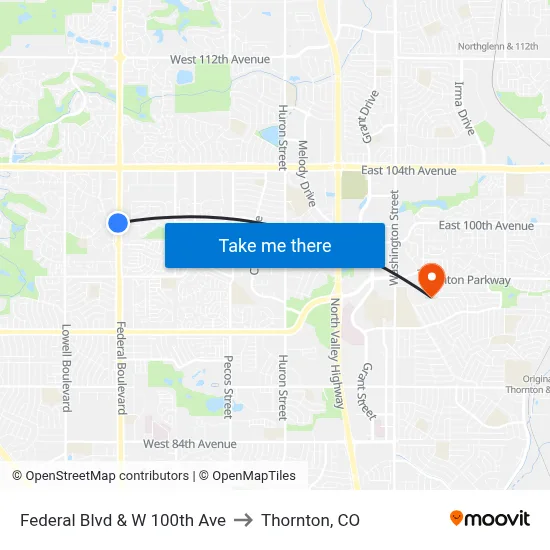 Federal Blvd & W 100th Ave to Thornton, CO map