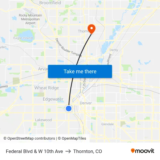 Federal Blvd & W 10th Ave to Thornton, CO map