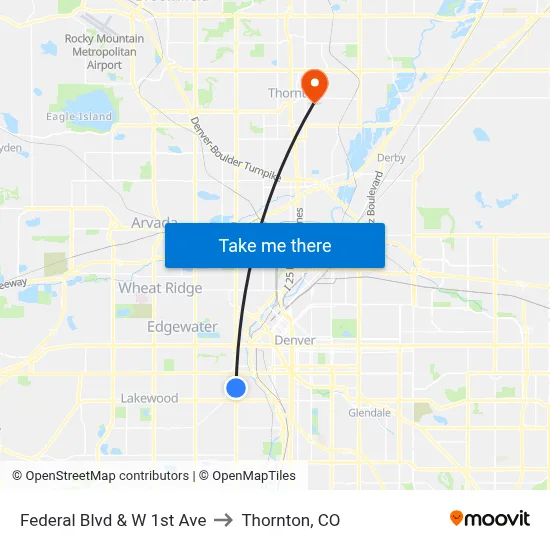 Federal Blvd & W 1st Ave to Thornton, CO map