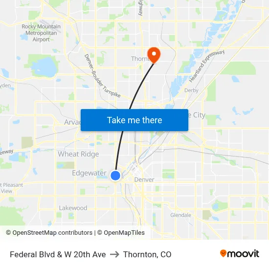 Federal Blvd & W 20th Ave to Thornton, CO map
