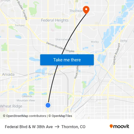 Federal Blvd & W 38th Ave to Thornton, CO map