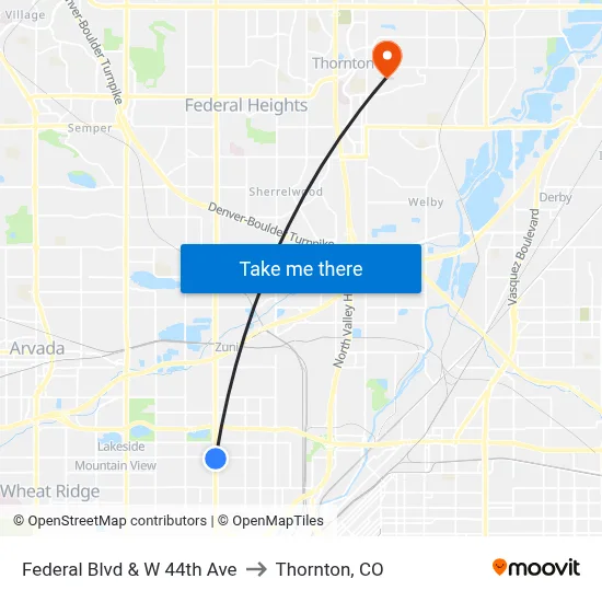 Federal Blvd & W 44th Ave to Thornton, CO map