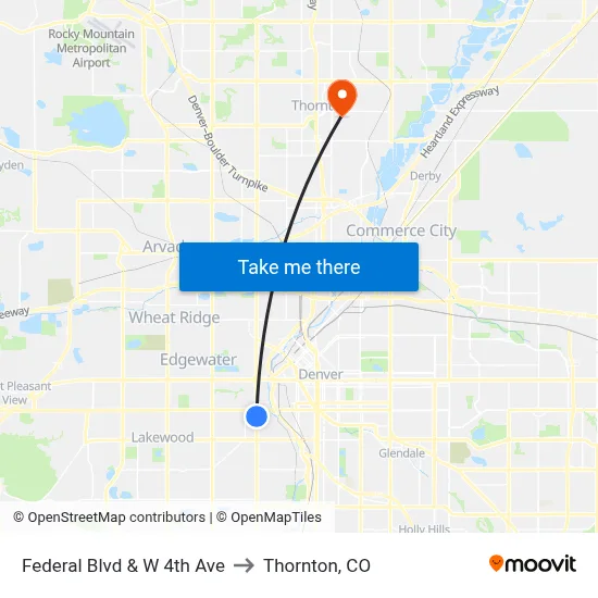 Federal Blvd & W 4th Ave to Thornton, CO map