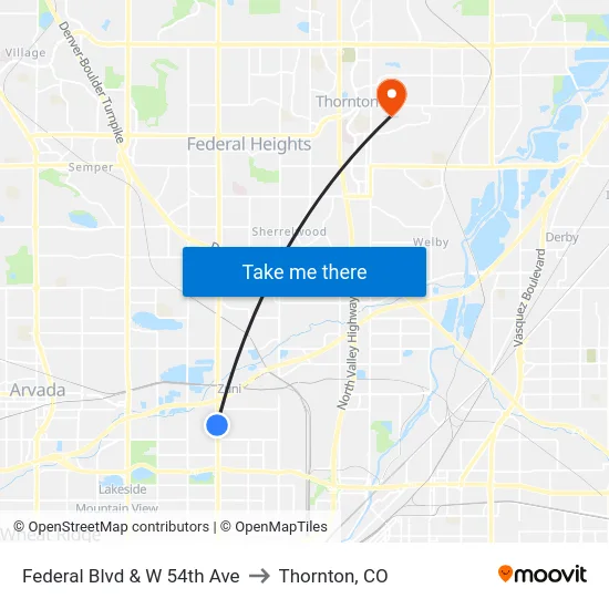 Federal Blvd & W 54th Ave to Thornton, CO map