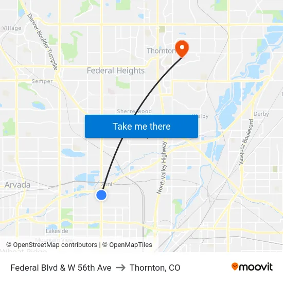 Federal Blvd & W 56th Ave to Thornton, CO map