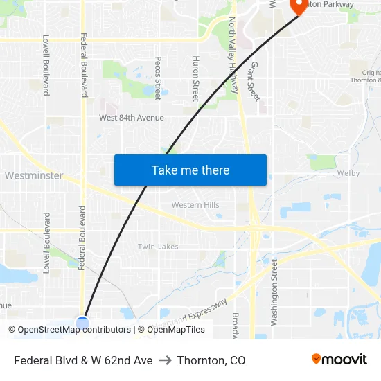 Federal Blvd & W 62nd Ave to Thornton, CO map
