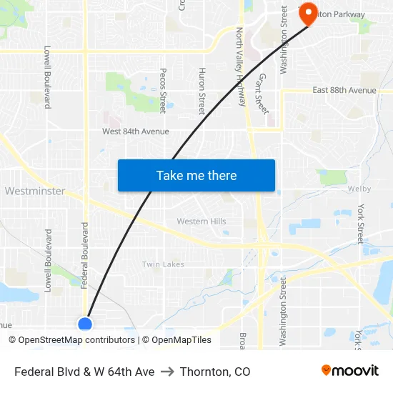 Federal Blvd & W 64th Ave to Thornton, CO map