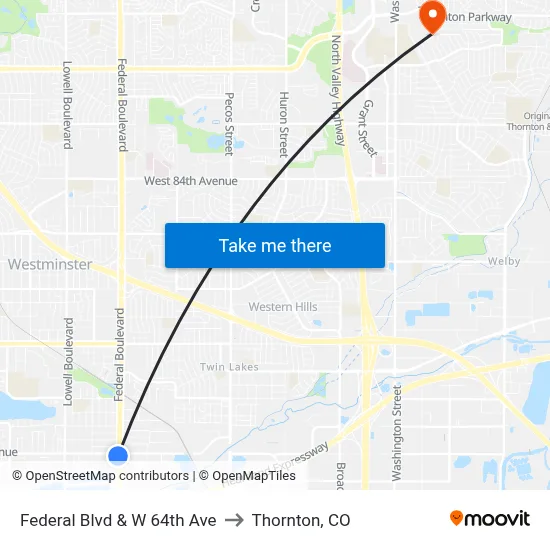 Federal Blvd & W 64th Ave to Thornton, CO map