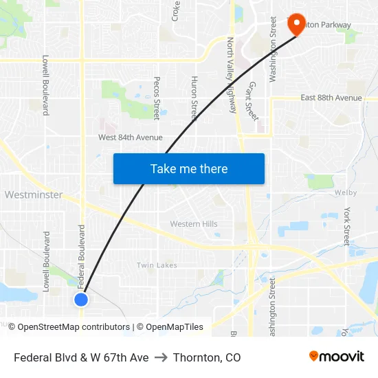 Federal Blvd & W 67th Ave to Thornton, CO map