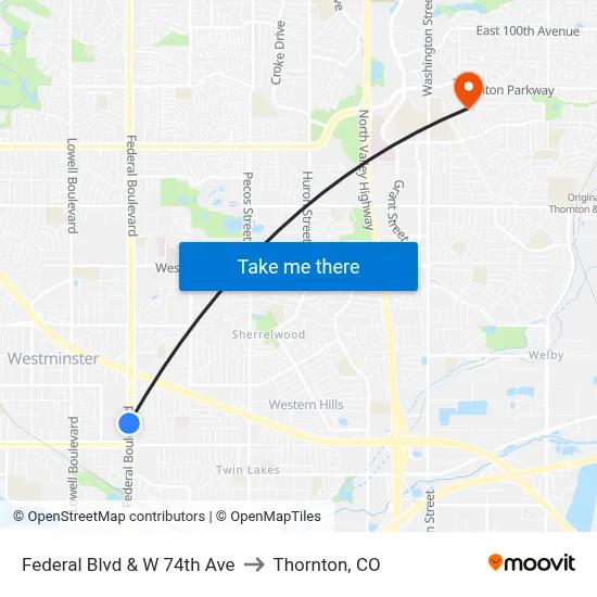 Federal Blvd & W 74th Ave to Thornton, CO map
