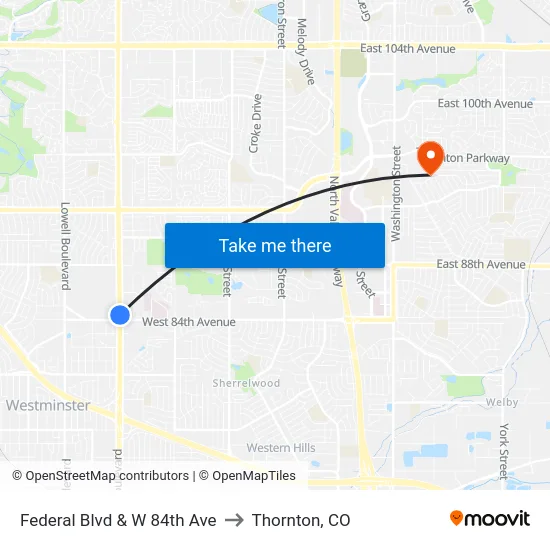 Federal Blvd & W 84th Ave to Thornton, CO map