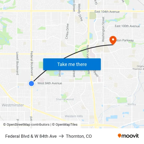 Federal Blvd & W 84th Ave to Thornton, CO map