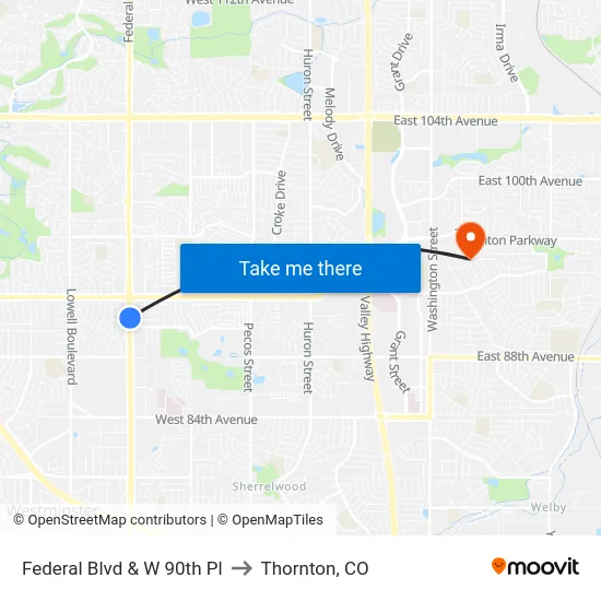 Federal Blvd & W 90th Pl to Thornton, CO map
