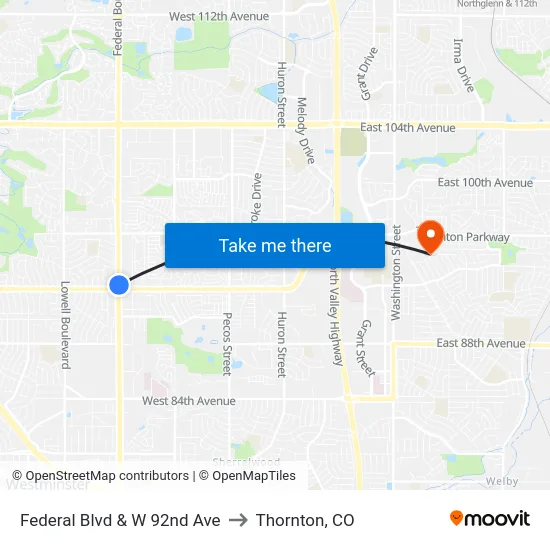 Federal Blvd & W 92nd Ave to Thornton, CO map